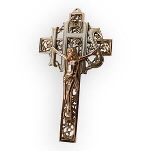 Vintage Solid Brass IHS Wall Hanging Crucifix Cross Catholic Christian Jesus 9”